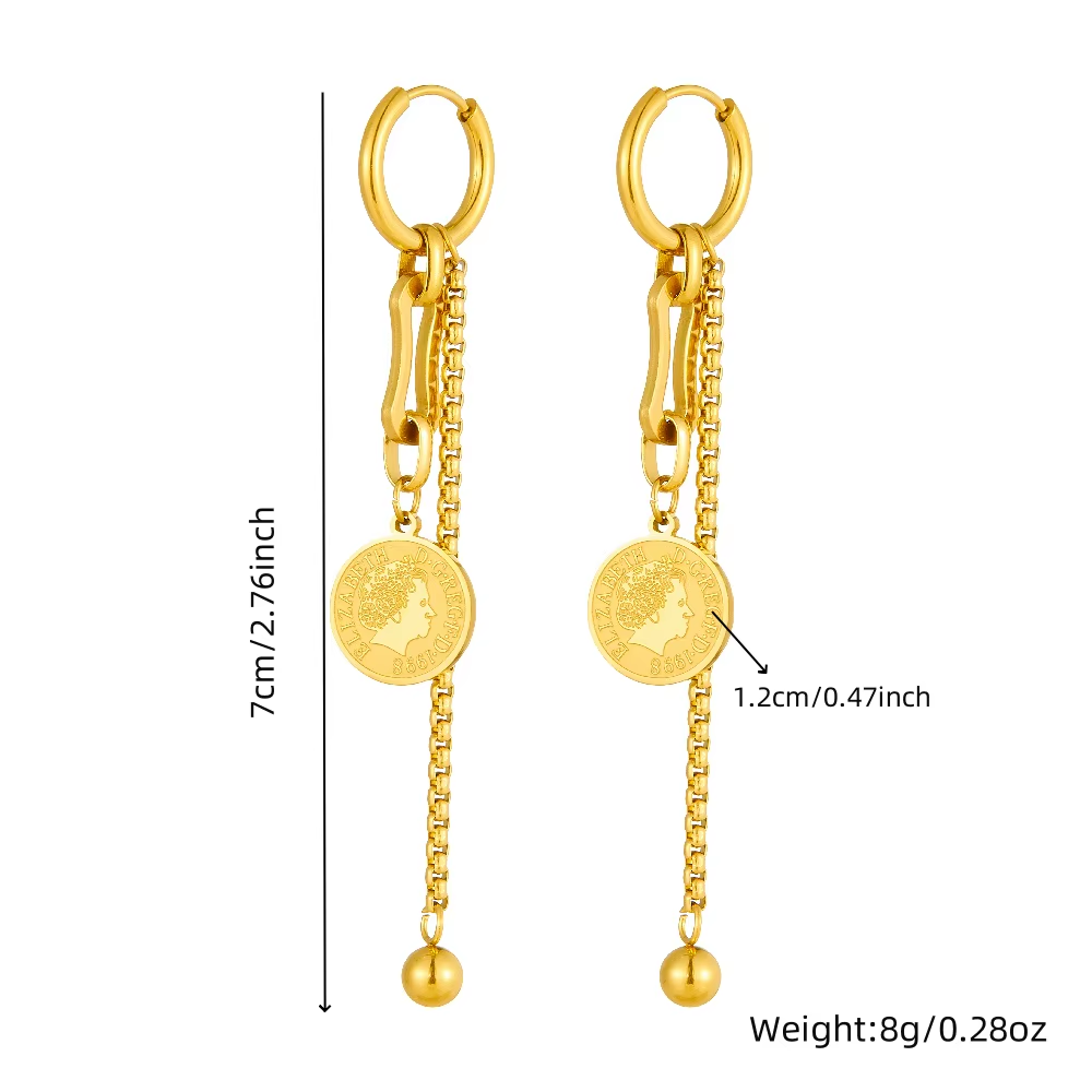 Goldfarbene 316L Edelstahl Ohrringe mit rundem Münzanhänger und Quasten-Design, 7 cm lang, ideal für elegante und trendige Looks.
