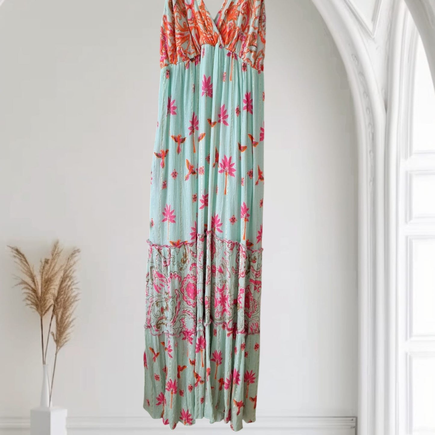 Boho-Maxikleid in Türkis & Pink mit floralen Mustern