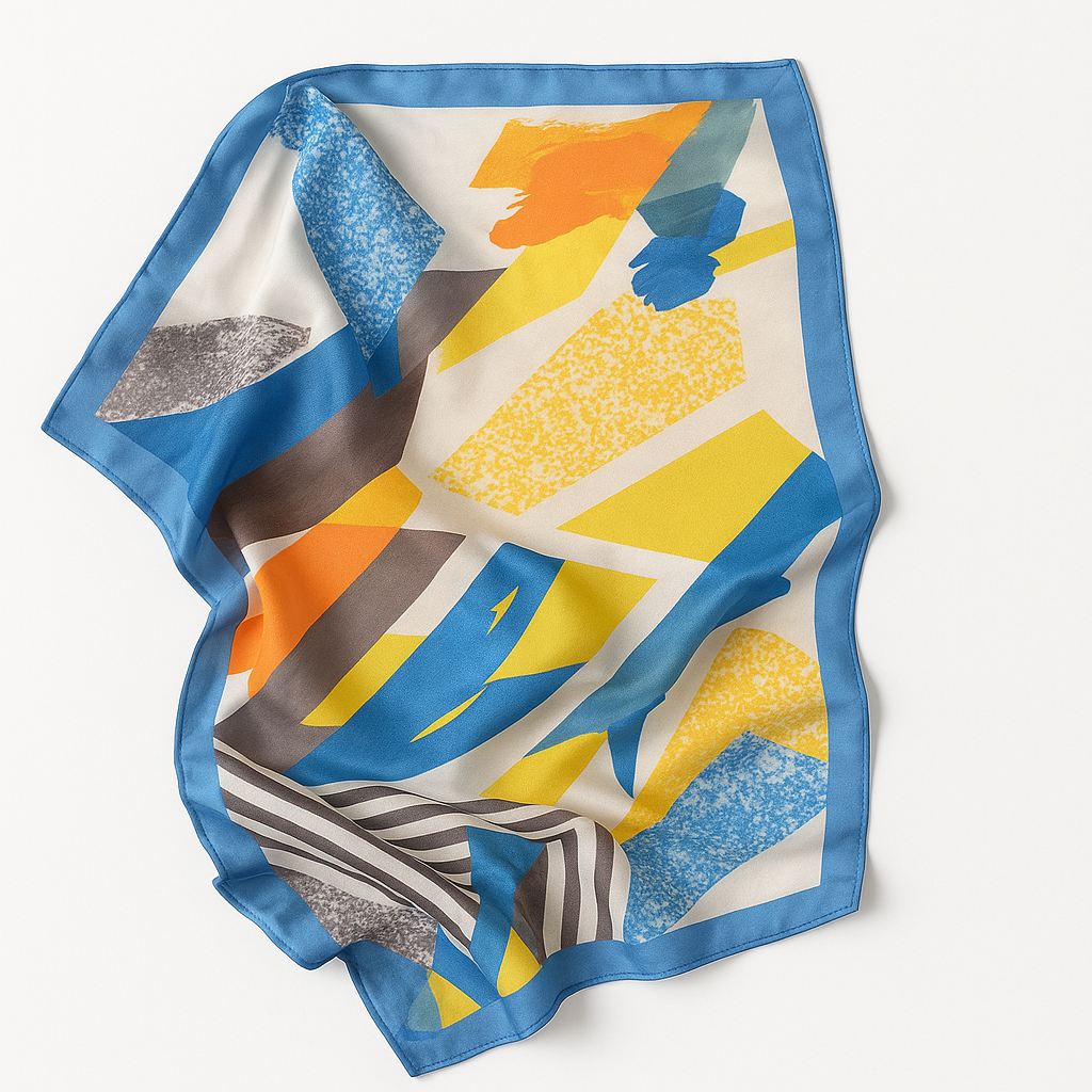 Leichtes, buntes Tuch mit geometrischem Muster in Blau, Gelb und Orange auf weißem Grund. Mit blauer Umrandung – vielseitig tragbares Damenaccessoire.