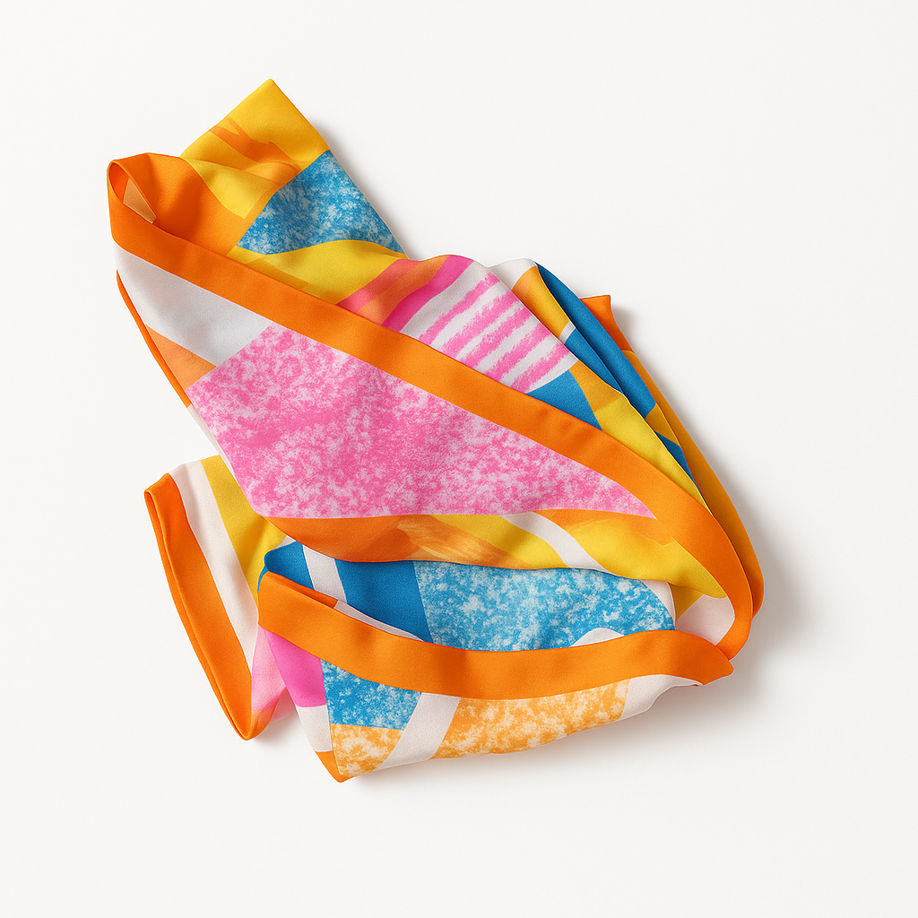 Großes, buntes Tuch mit geometrischem Muster in Pink, Blau, Orange, Gelb und Weiß. Modisches Accessoire aus Polyester mit seidenweicher Oberfläche.