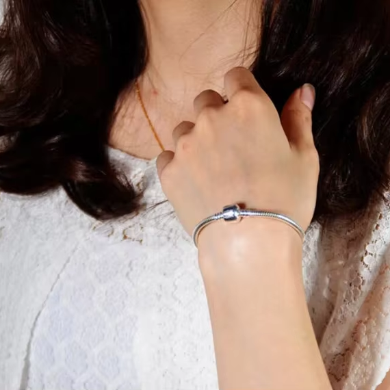 Charm-Armband aus 925 Sterling Silber mit Clipverschluss im starren Schlangenkettendesign – 17 cm Länge