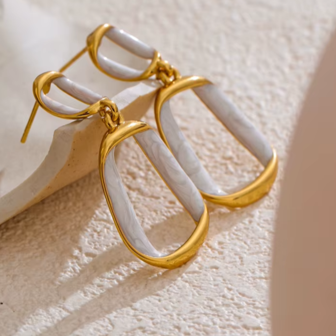 Edelstahl weisse Emaille Rechteck Hohl
Ohrringe 18K Gold