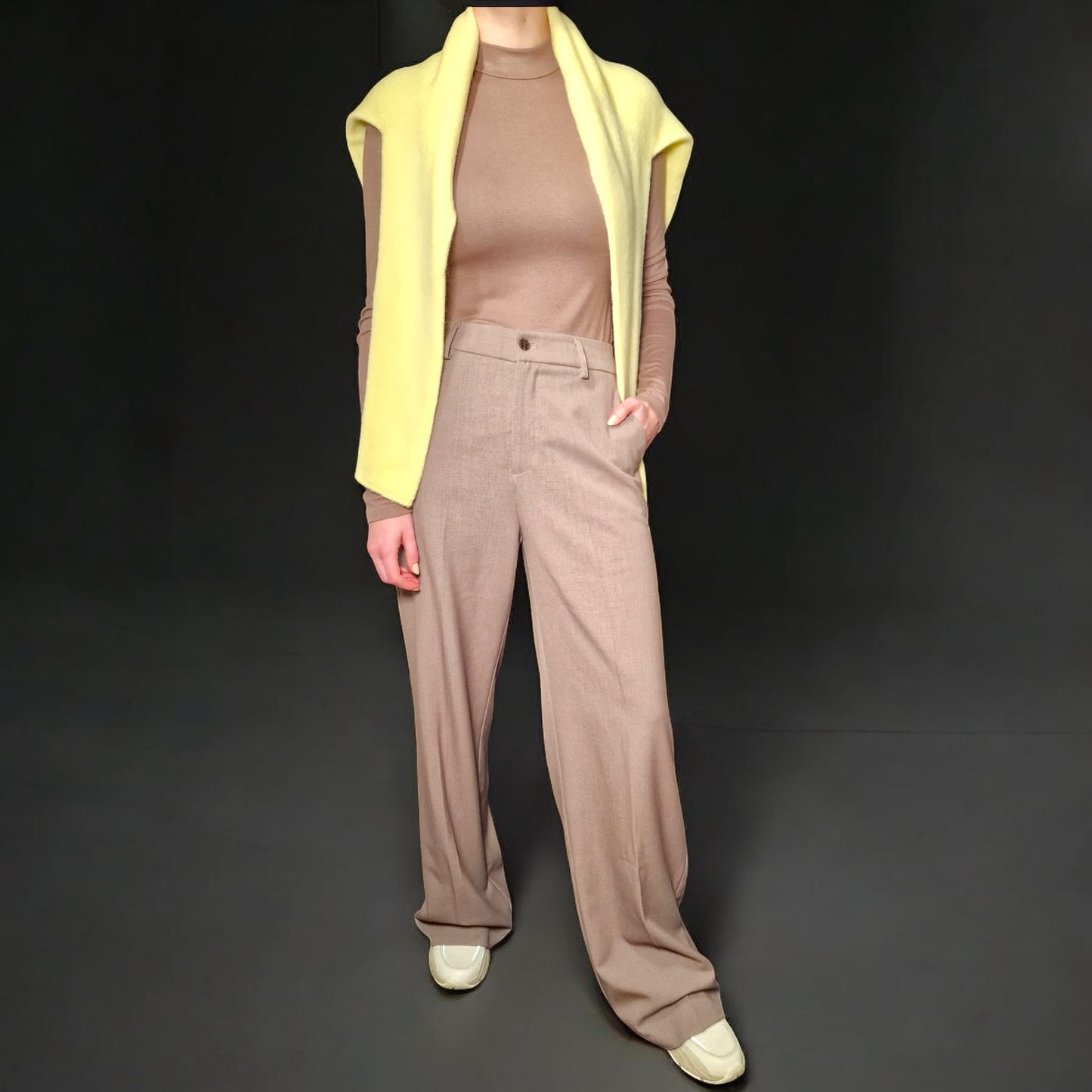 Langarm-Body mit Stehkragen in Taupe, figurbetonter Schnitt, weiches Viskose-Elastan-Material, ideal für minimalistische Outfits."