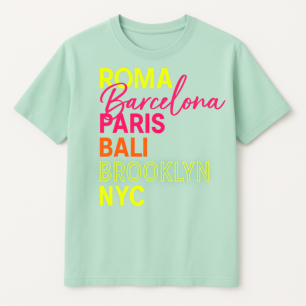 „Mintgrünes T-Shirt mit buntem City-Schriftzug in Pink, Gelb, Orange und Weiß“