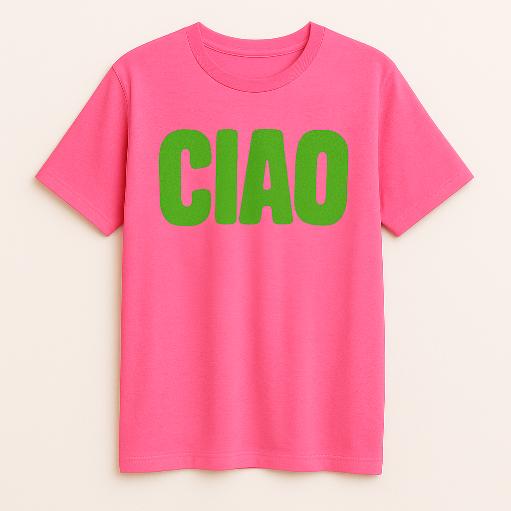 Neonpinkes T-Shirt mit grünem Statement-Schriftzug ‚CIAO
