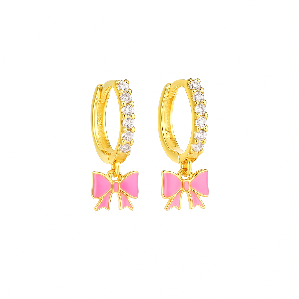 Vergoldete 925 Sterling Silber Huggie-Ohrringe mit pinkem Schleifenanhänger und Zirkonia