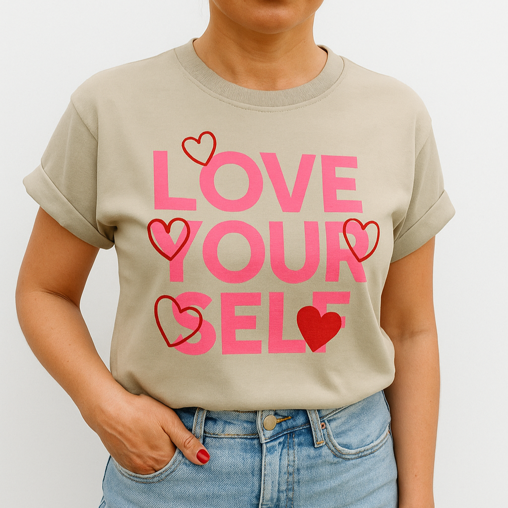 Beiges T-Shirt mit pinkem „Love Yourself“-Print & roten Herz-Details – Damen Sommer Shirt