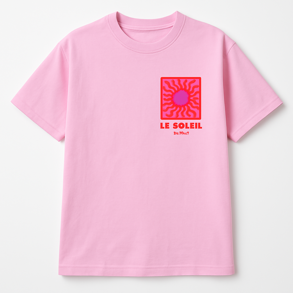 T-Shirt Le Soleil mit Sonnenprint in pink-orange auf grau oder rosa Baumwolle, lässiger Oversized Schnitt