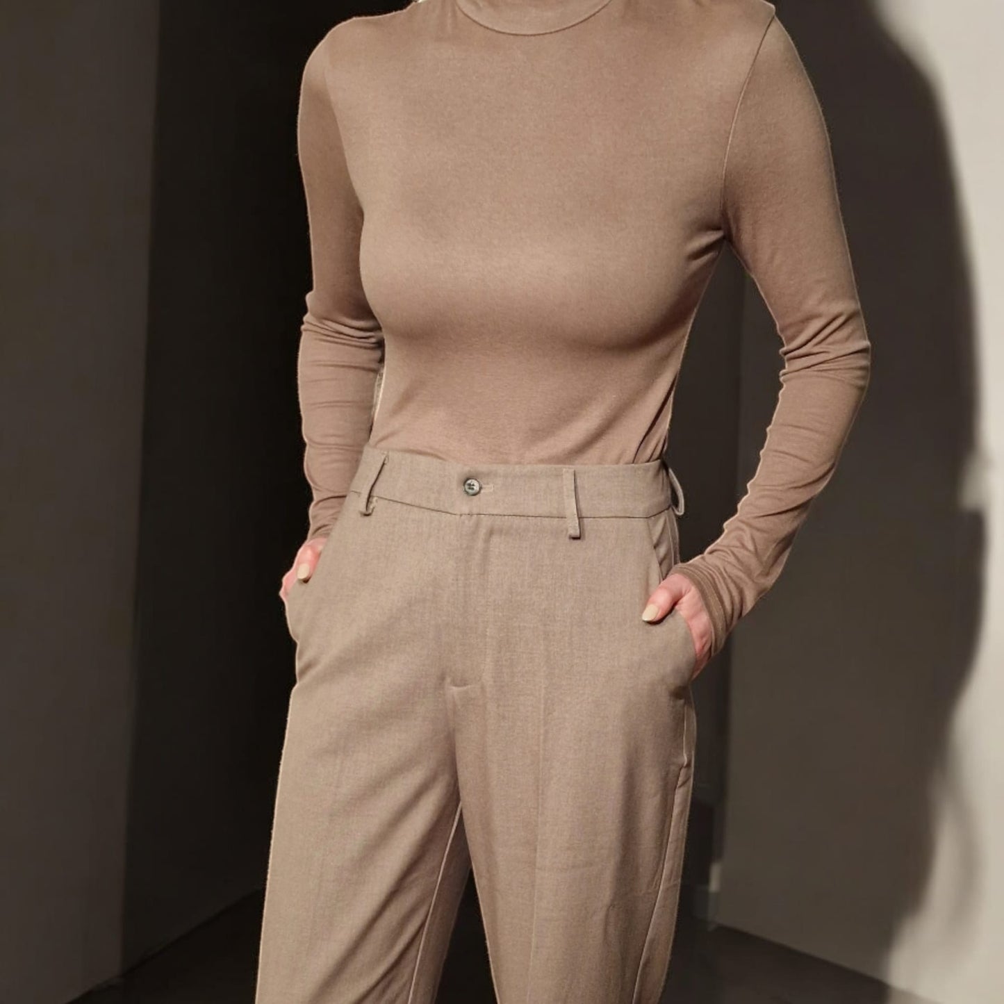 Langarm-Body mit Stehkragen in Taupe, figurbetonter Schnitt, weiches Viskose-Elastan-Material, ideal für minimalistische Outfits."