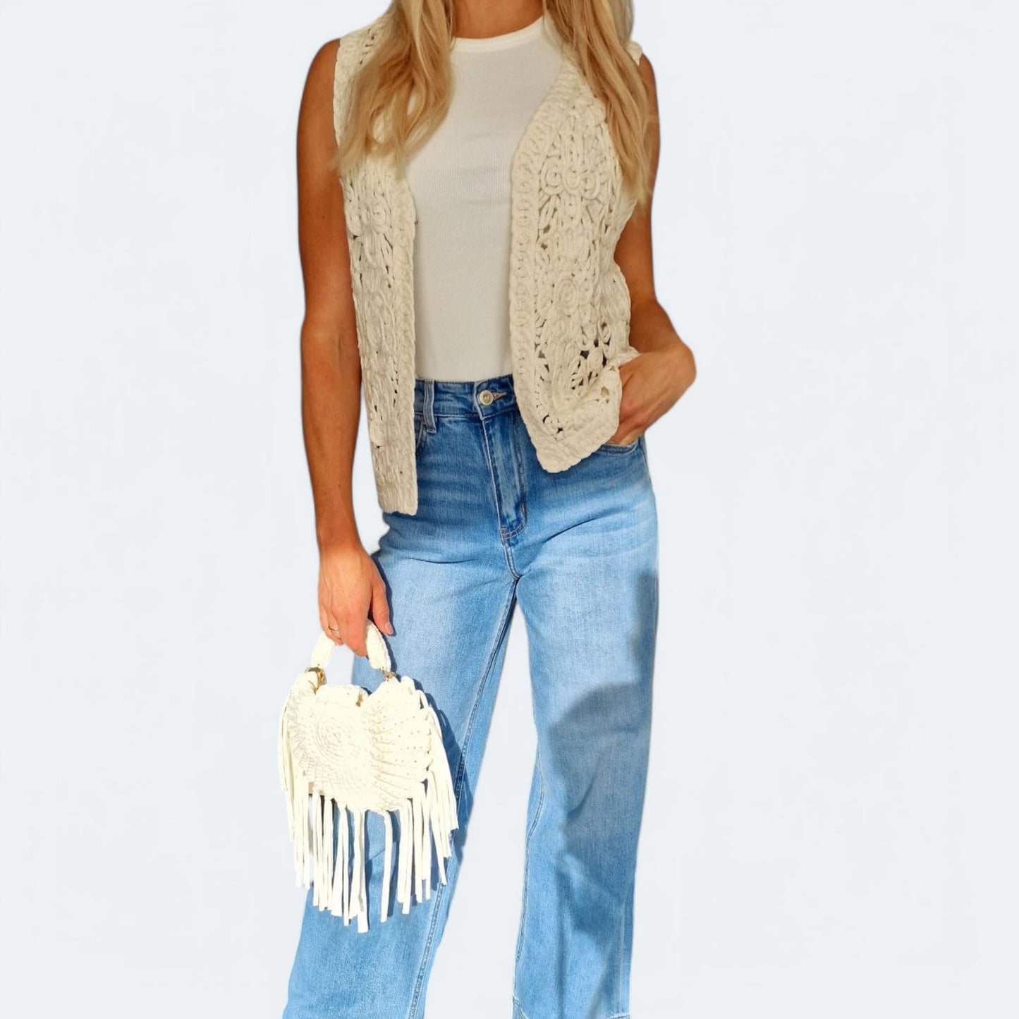 Strukturierte Boho-Weste in Beige & Weiß, edler Look, vielseitig kombinierbar