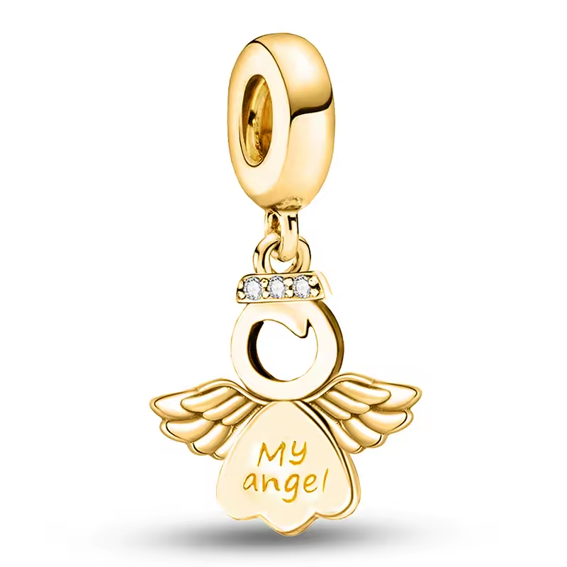 925 Sterling Silber Engel-Charm mit Gravur „My angel“ und Zirkonia-Steinen