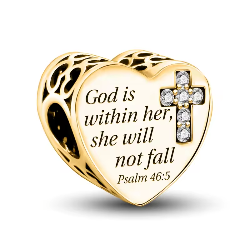 925 Sterling Silber Herz-Charm mit Psalm 46:5 Gravur und Kreuz aus Zirkonia