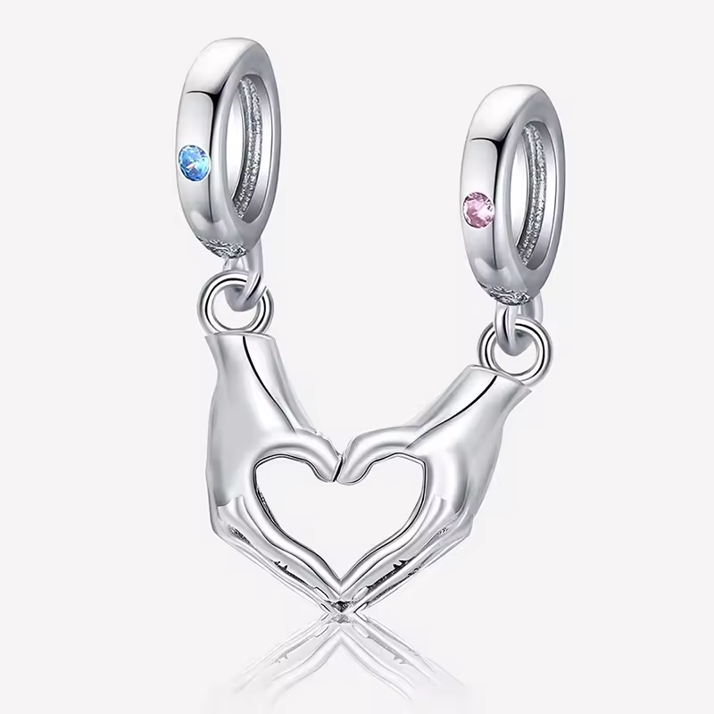 925 Sterling Silber Charm mit zwei Händen, die ein Herz formen, verziert mit Zirkonia