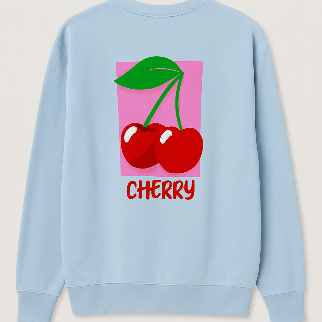 Hellblauer Pullover mit Kirsch-Motiv und Schriftzug 'CHERRY' auf der Rückseite