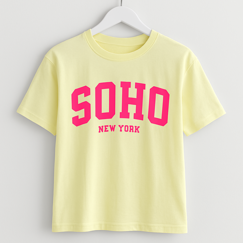 gelbes Statement T-Shirt mit oranger „SOHO NEW YORK“ Aufschrift – Damen Shirt