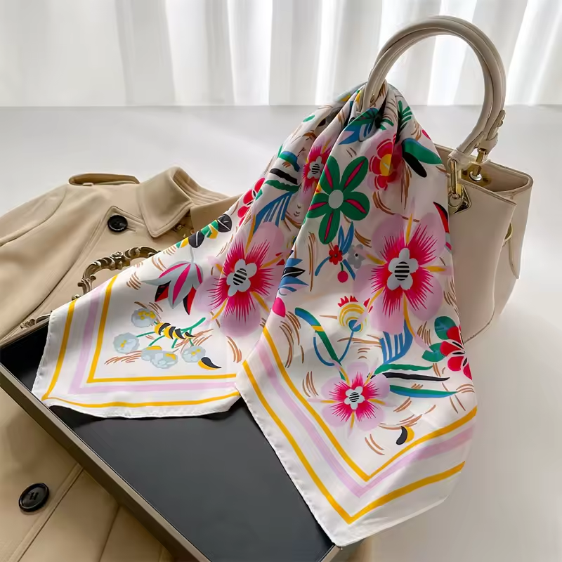 Satin-Haartuch Damen in ceme weiß mit buntem Blumenmuster