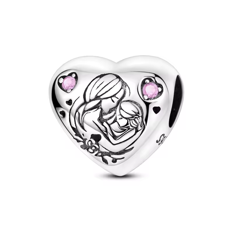 Herz-Charm aus 925 Sterling Silber mit gravierter Mutter-Tochter-Umarmung und rosa Zirkonia