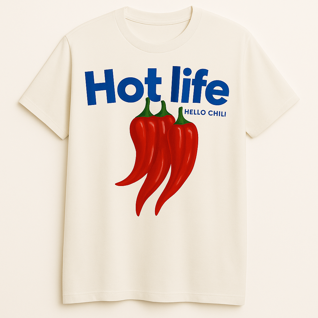 Weißes T-Shirt mit rotem Chili-Print und blauem Schriftzug 'Hot Life Hello Chili'