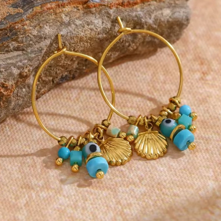 Creolen Gold | Türkis-Perlen & Muschel | Edelstahl 18K