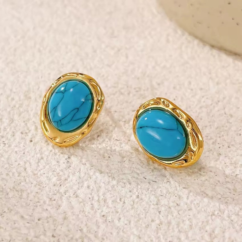 Goldene Ohrstecker | ovaler Türkis 14,6 x 11 mm | Edelstahl