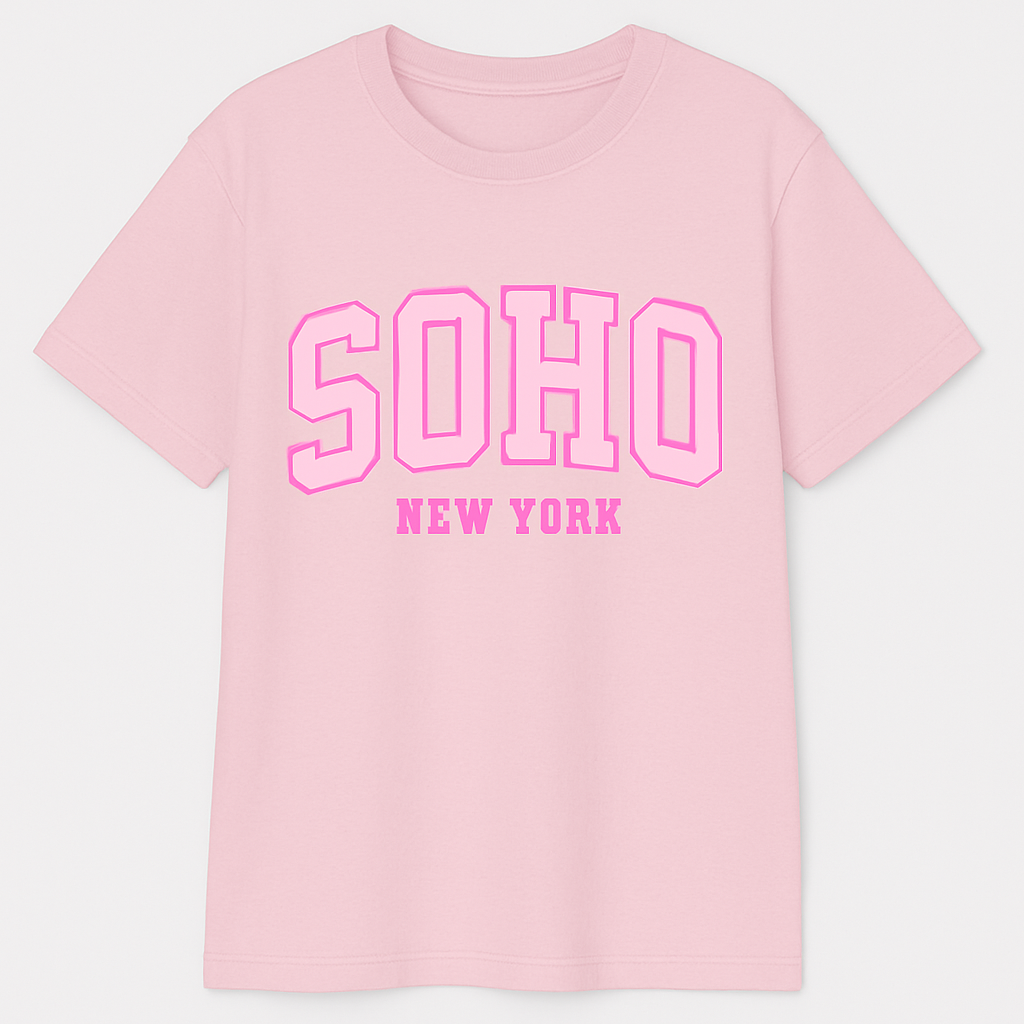 Knallpinkes Statement T-Shirt mit oranger „SOHO NEW YORK“ Aufschrift – Damen Shirt