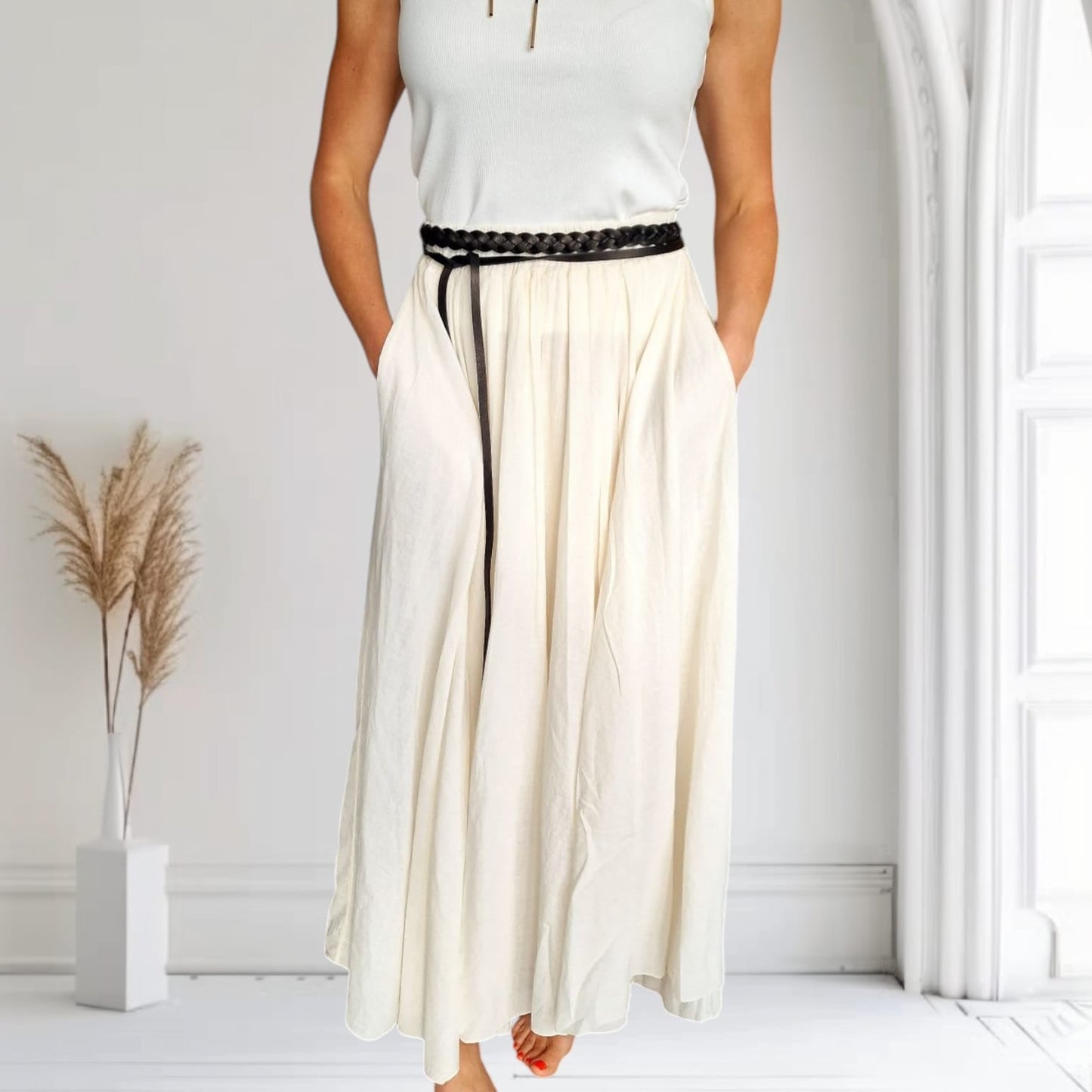 Beiger Maxirock aus Baumwolle, Boho-Stil, elastischer Bund, luftiger Schnitt