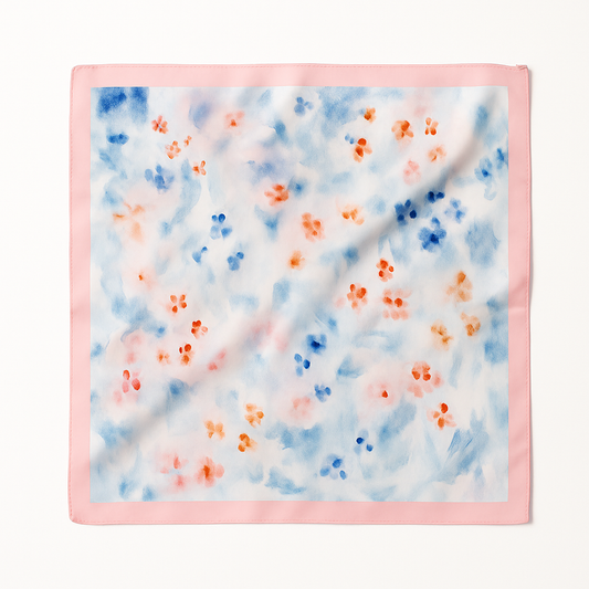 Seidiges Damen-Haartuch in Rosa und Blau mit floralen Aquarellblumen – quadratischer Schal 68x68 cm