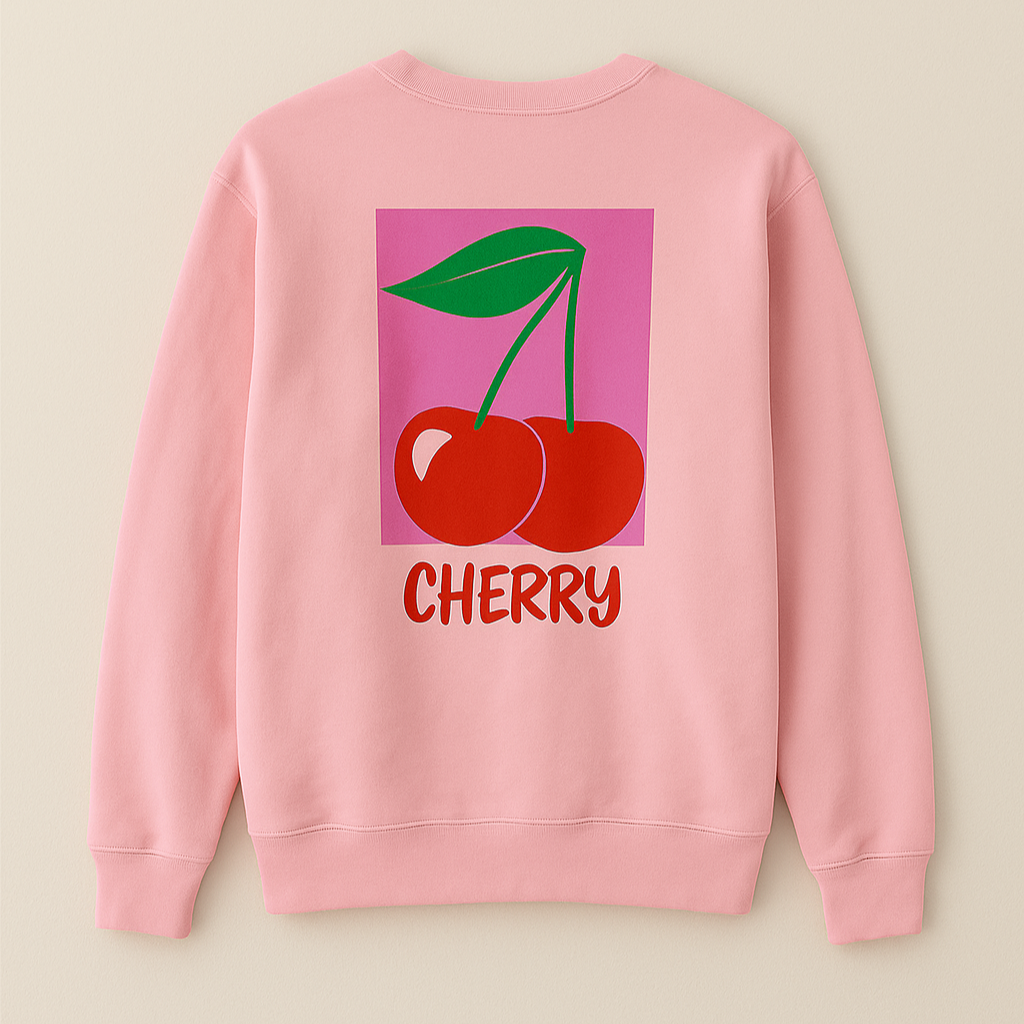 Rosa Pullover mit Kirsch-Print und Schriftzug 'CHERRY' auf der Rückseite