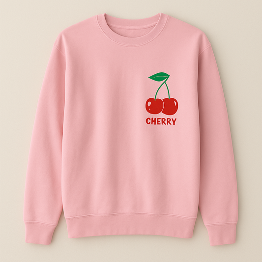 Rosa Pullover mit Kirsch-Print und Schriftzug 'CHERRY' von Bogue