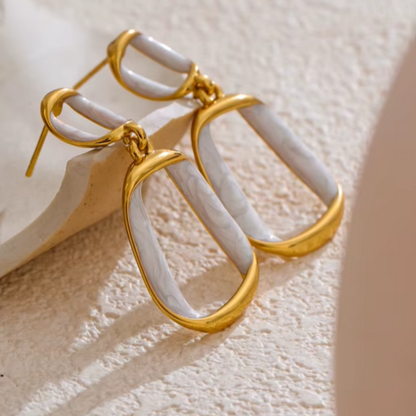 Edelstahl weisse Emaille Rechteck Hohl 
Ohrringe 18K Gold