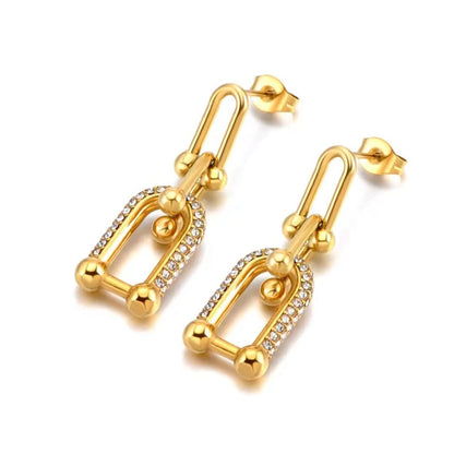 Goldene Edelstahl Ohrhänger mit Zirkonia – moderne U-Form Statement Ohrringe für Frauen