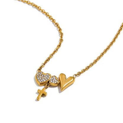 Goldene Herz Halskette mit Kreuz Anhänger und Zirkonia – Edelstahl Schmuck für Frauen
