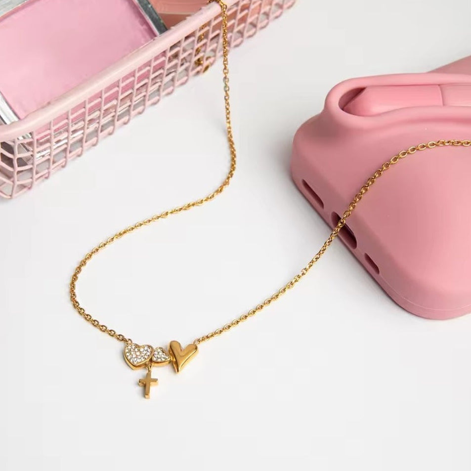 Goldene Herz Halskette mit Kreuz Anhänger und Zirkonia – Edelstahl Schmuck für Frauen