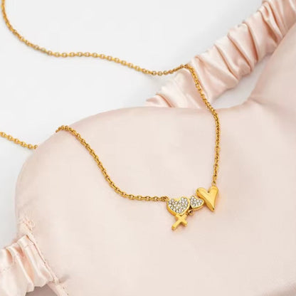 Goldene Herz Halskette mit Kreuz Anhänger und Zirkonia – Edelstahl Schmuck für Frauen