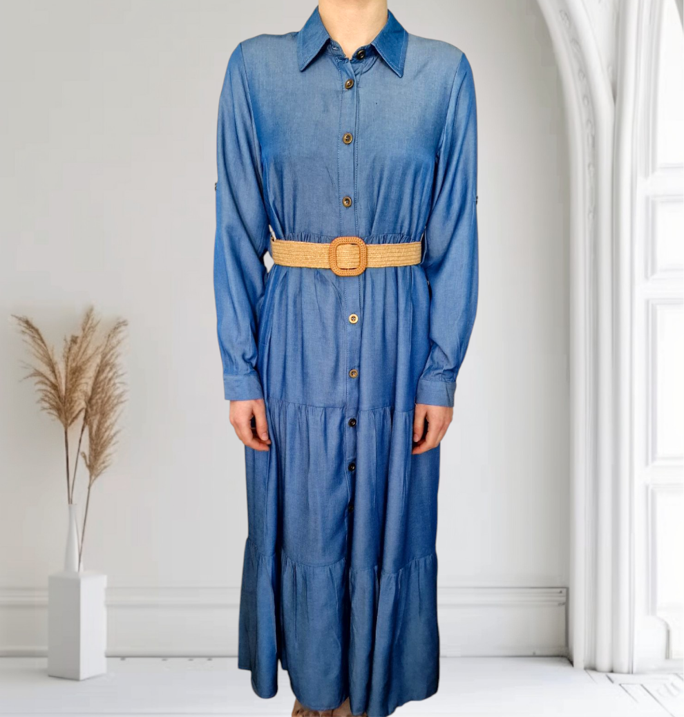 Maxi Jeanskleid mit durchgehender Knopfleiste und langen Ärmeln