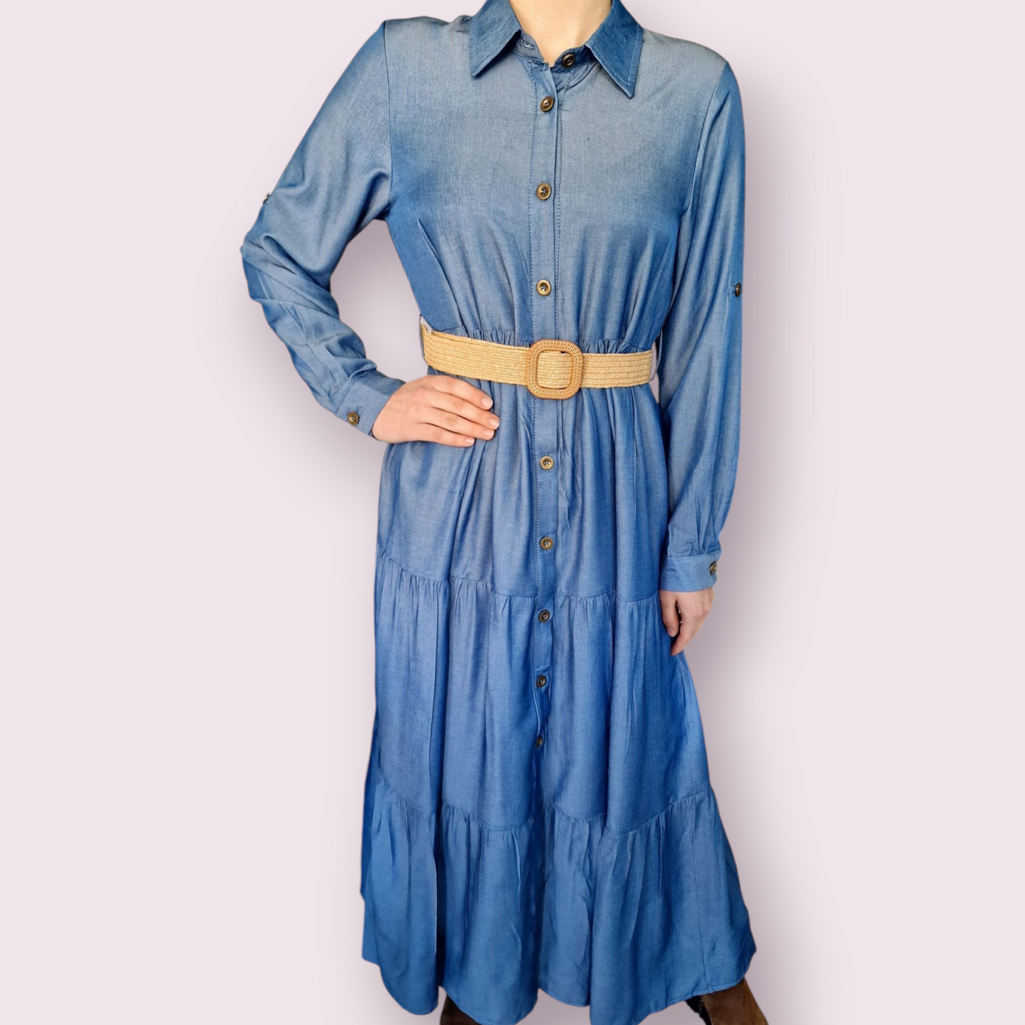 Maxi Jeanskleid mit durchgehender Knopfleiste und langen Ärmeln