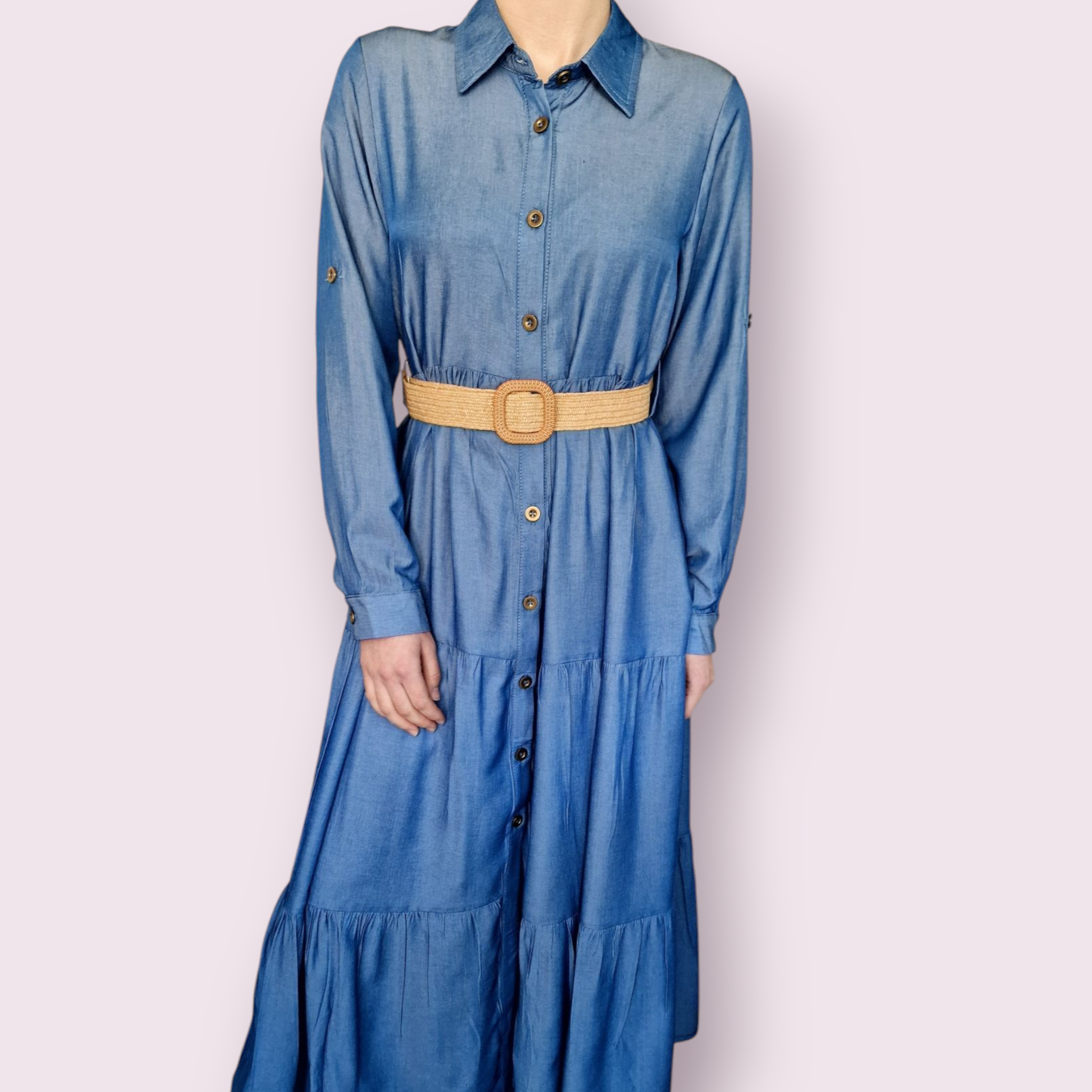 Maxi Jeanskleid mit durchgehender Knopfleiste und langen Ärmeln