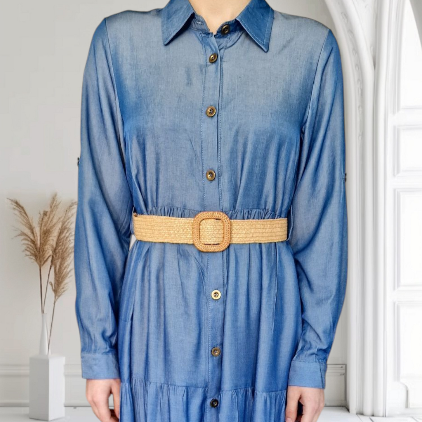 Maxi Jeanskleid mit durchgehender Knopfleiste und langen Ärmeln