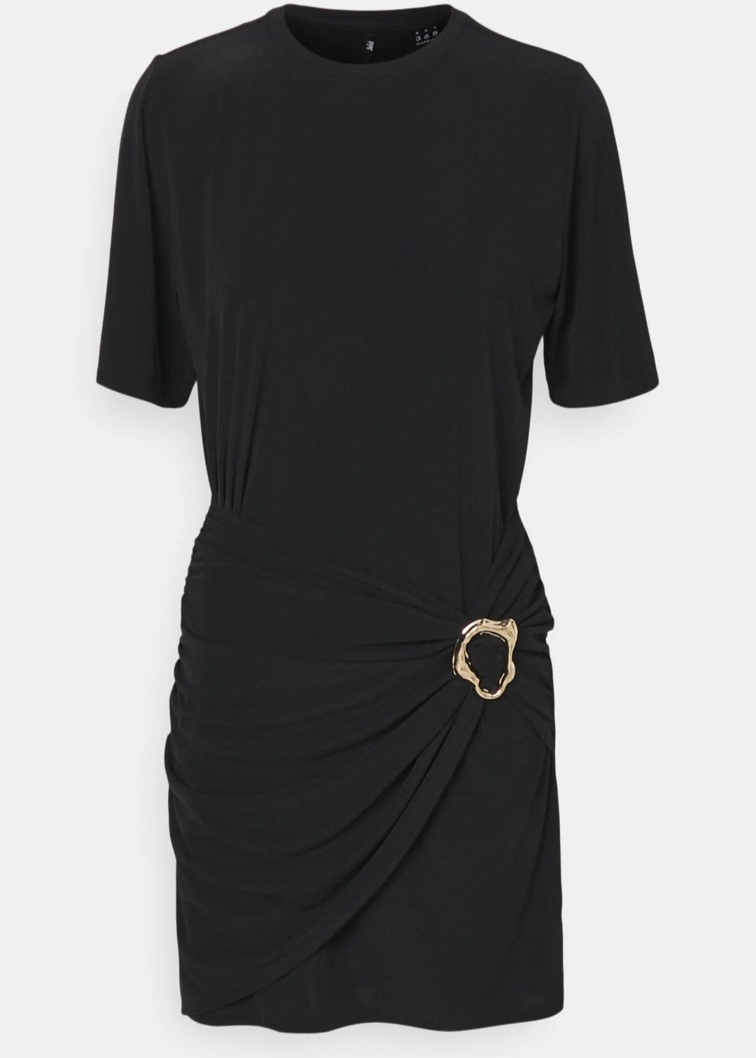 „Marella Arnes Freizeitkleid in Schwarz mit Goldbrosche – Vorderansicht, drapierte Taille, Slim Fit Damenkleid aus Jersey“
