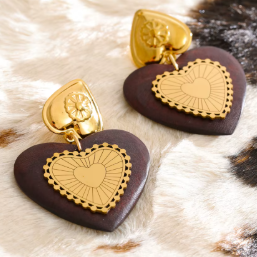 Edelstahl-Holz-Ohrringe mit Herztropfen – 18K goldbeschichtet, Vintage Design