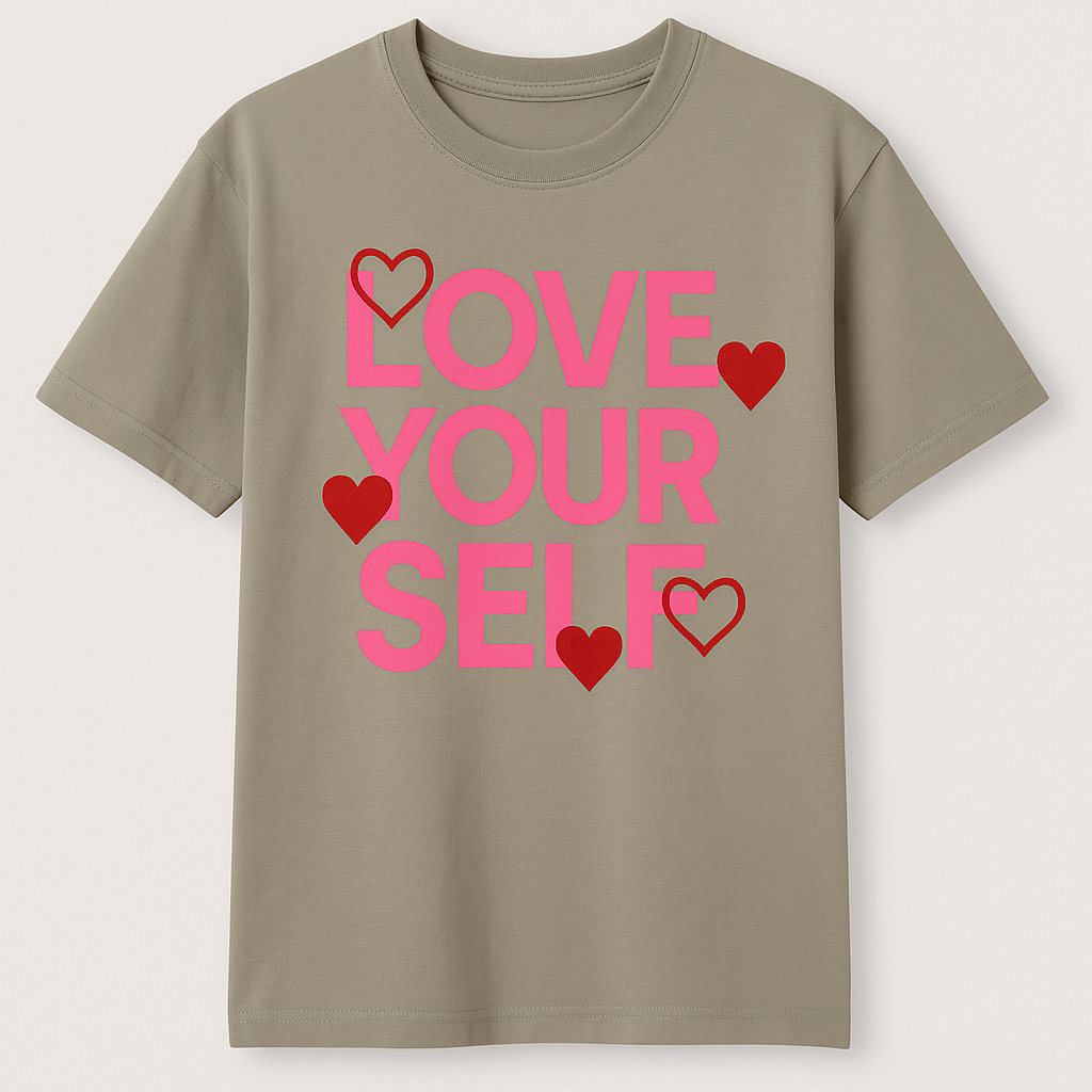 Beiges T-Shirt mit pinkem „Love Yourself“-Print & roten Herz-Details – Damen Sommer Shirt