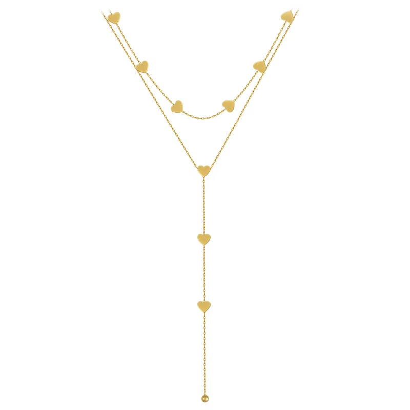 Doppelstrang-Y-Halskette mit zarten Herzanhängern aus Edelstahl und PVD-Vergoldung. Eleganter, femininer Schmuck für Hochzeiten, Partys oder den Alltag.“