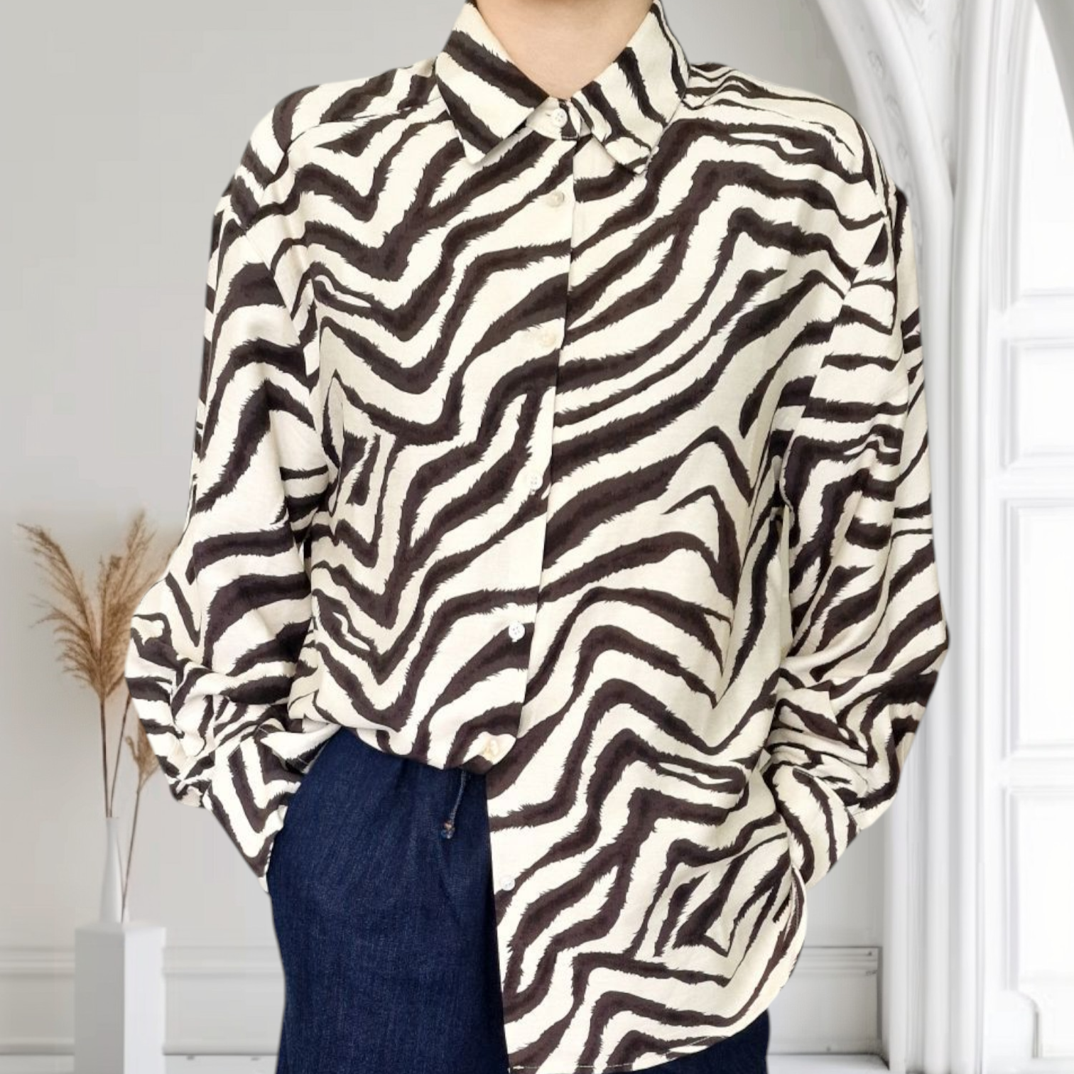 Damen Zebra Bluse mit klassischem Hemdkragen