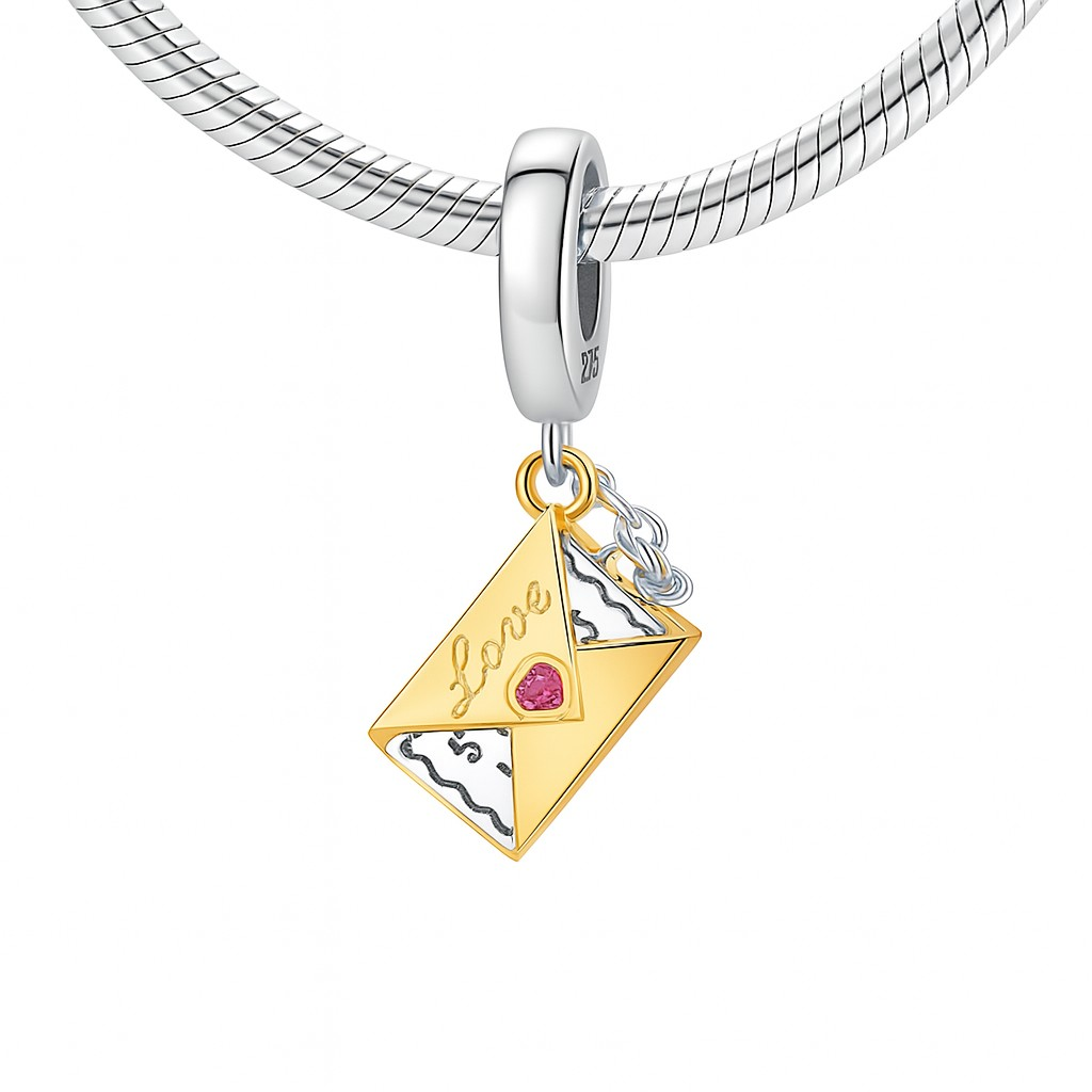 Charm Love Briefumschlag – 925 Silber & Gold-Akzent mit Herzstein