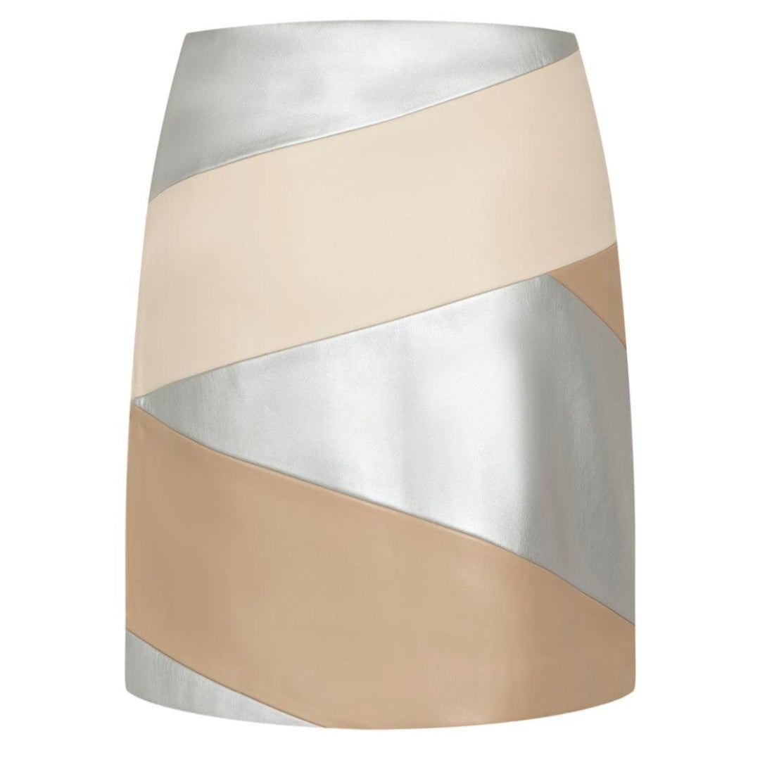 „Bruuns Bazaar Minirock in Metallic-Optik mit silber- und nudefarbenem Patchwork-Design, Größe 34