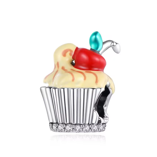 925 Sterling Silber Cupcake Charm mit Glasur, Kirsche und Zirkonia