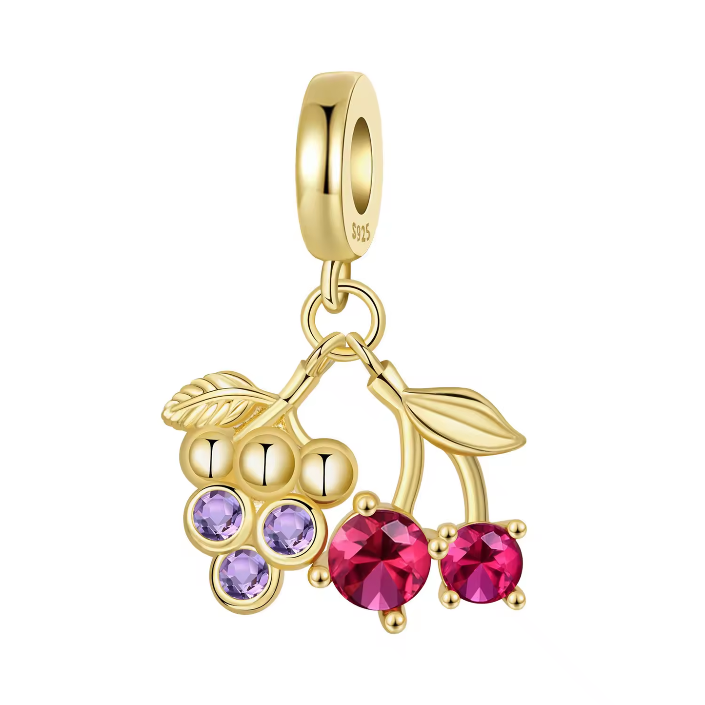 925 Sterling Silber Charm mit Kirsche, Traube und bunten Zirkonia-Steinen