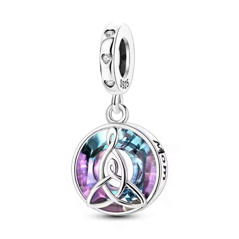 Charm aus 925 Sterling Silber mit rundem lila-blauen Kristall, Knoten-Symbol und „Mom“-Gravur – edles Geschenk für Mütter