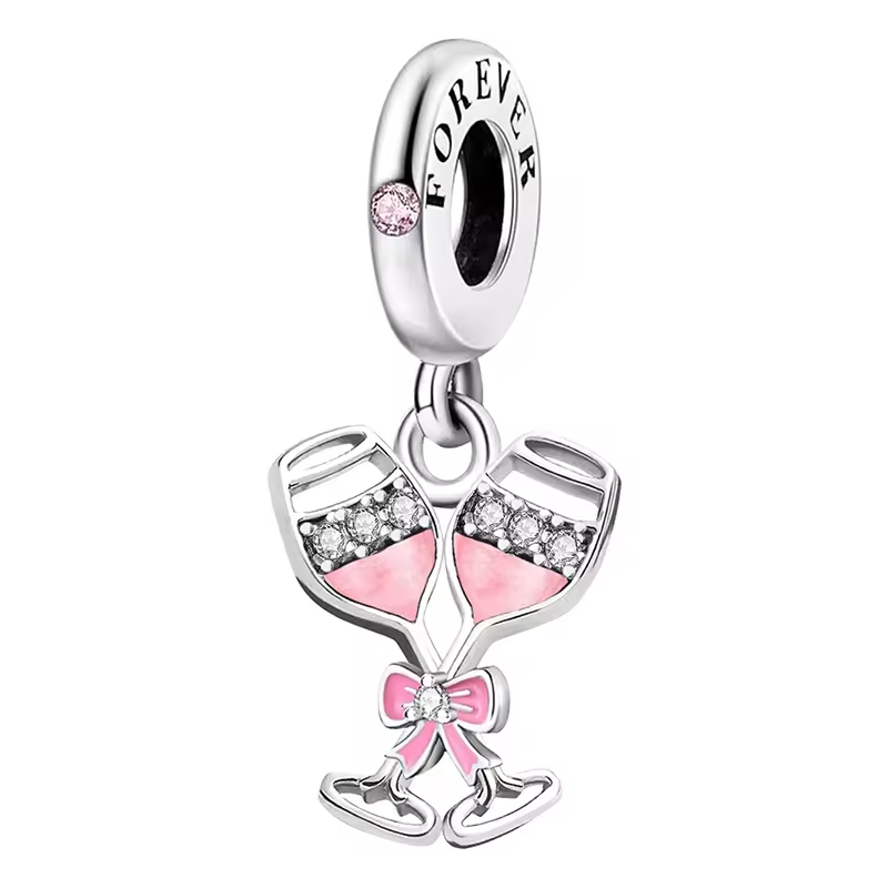 925 Sterling Silber Charm mit zwei rosa Sektgläsern und Forever-Gravur

