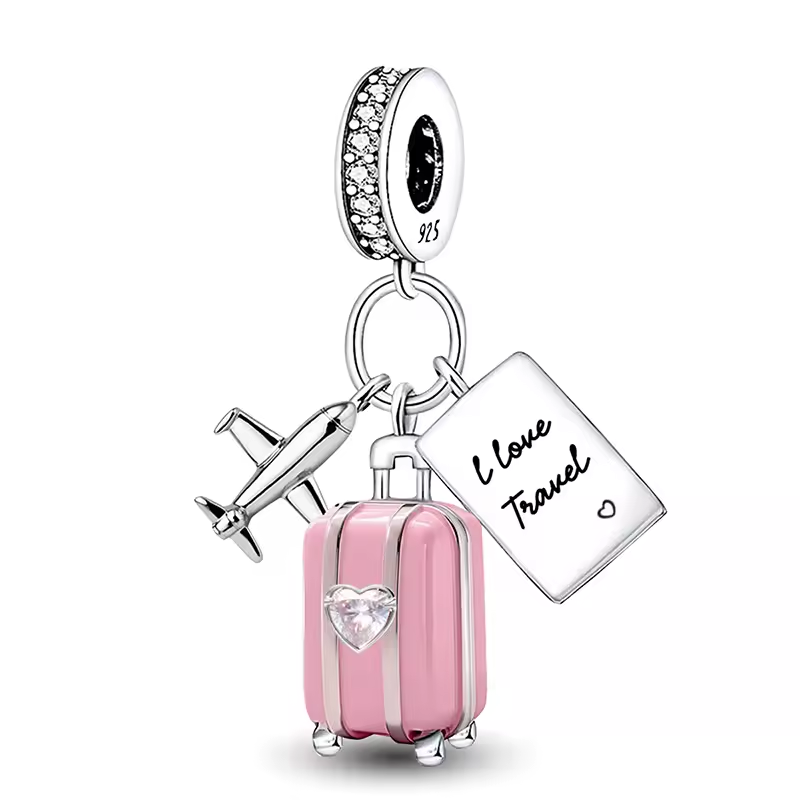 925 Sterling Silber Charm mit rosa Koffer, Flugzeug und „I Love Travel“-Anhänger